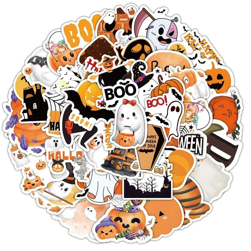 50pcs Halloween Sticker Pack Cartoon Horror Theme Stickers Pumpkin Ghost Witch For Kids Party Supplies