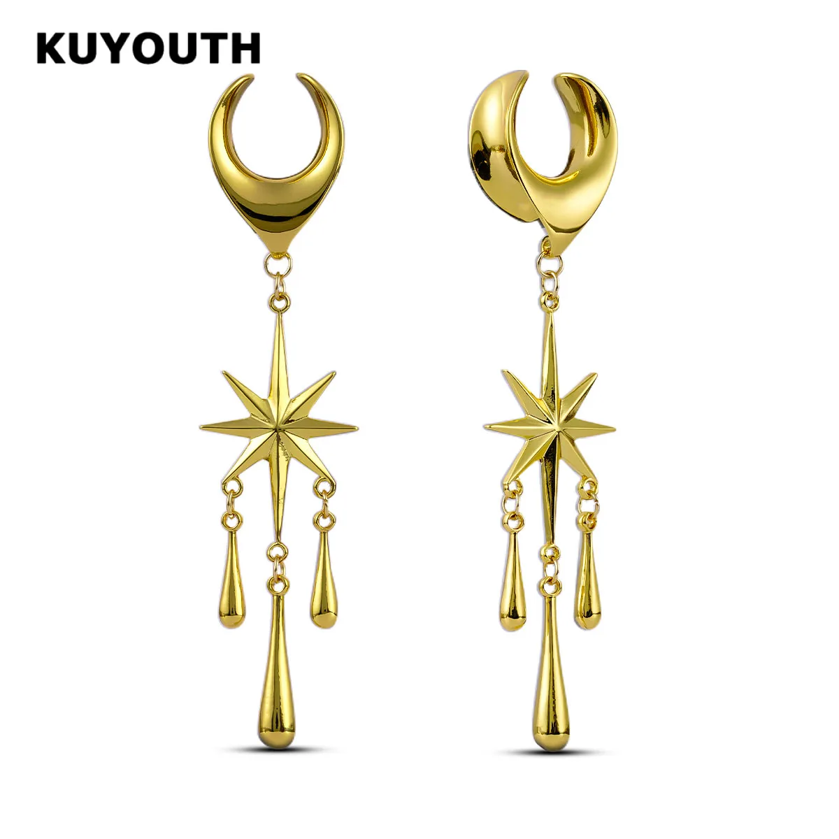 KUYOUTH 2PCS Copper Ear Hangers Gauges Moon Octagram Star Water Drop Dangle Saddle Stretchers Ear Tunnels Plugs Body Jewelry