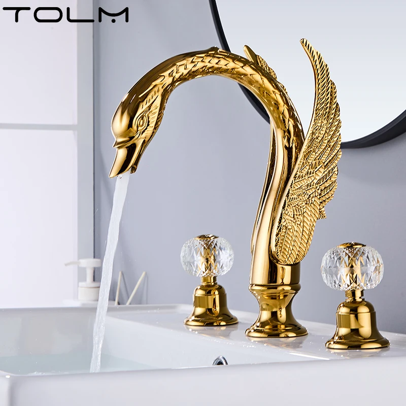 TOLM Basin Faucets Hot & Cold Water Bathroom Swan Faucet Hybrid Faucet Sink Faucet Bathroom Sink Faucet Bathroom Gold Faucet