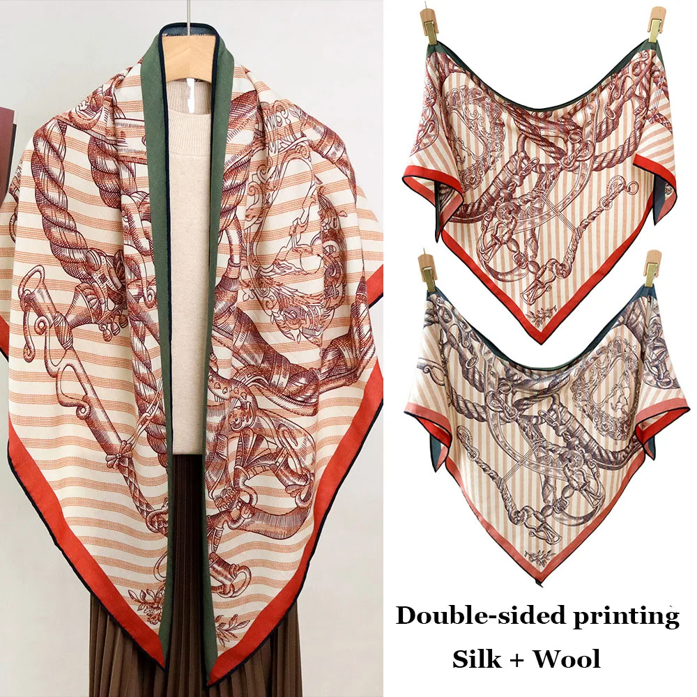 

Большой шелково-шерстяной шарф 190 см, мягкий теплый пашминовый платок, уютная треугольная шаль, женский дизайнерский плед с двусторонней печатью, бандана, пончо