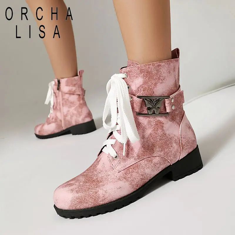 

ORCHA LISA Модная обувь 2025 Женские ботильоны с круглым носком на толстом каблуке 3 см, на молнии, на шнуровке, большой размер 45-47, для отдыха, на каждый день, зима