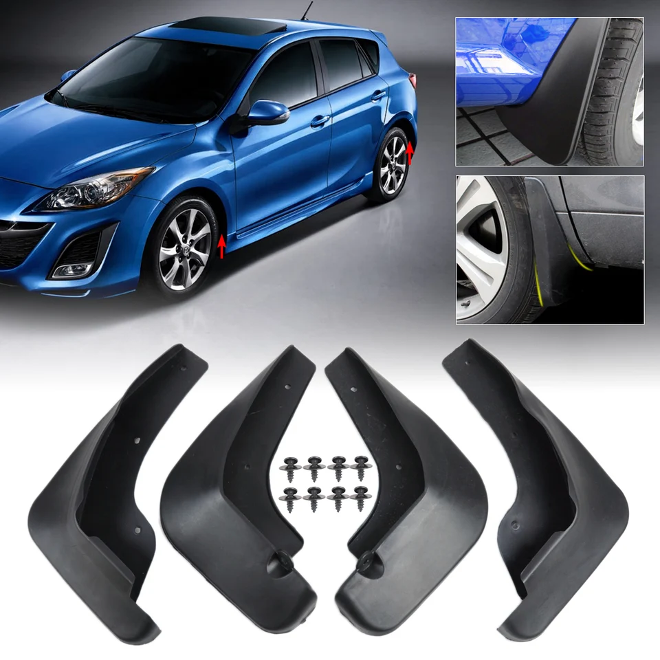 4-Piece Mud Flaps / Splash Guards – Fits Mazda 3 Hatchback (2004-2008) – Bolt-On Black Set