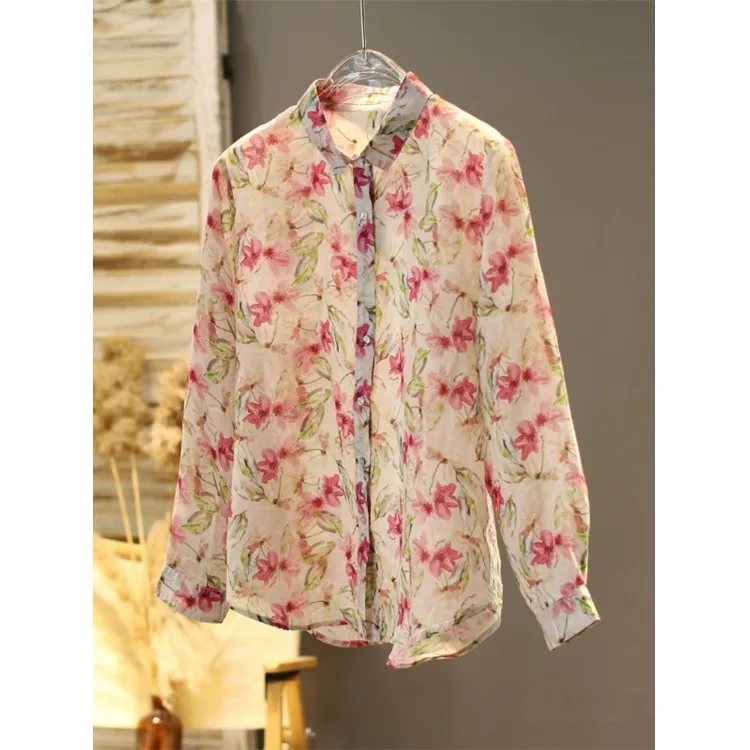 

Spring Summer New Comfortable Floral Print Women's Shirt Open Cardigan Vacation Style Elegant Mood Cotton Long Sleeve Blouse