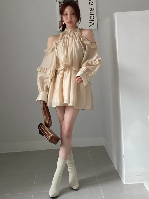 Vestido curto e com ombro à mostra, dongda gate ins, exclusivo, borboleta, nó, borda, vestido de férias, f, cor...