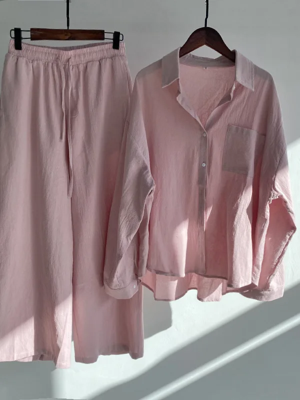 

Women's Fashion Cotton Linen Shirt High Waist Slacks Cleanfit Style Short Sleeve Thin Material Polyester A-Line Sleeve