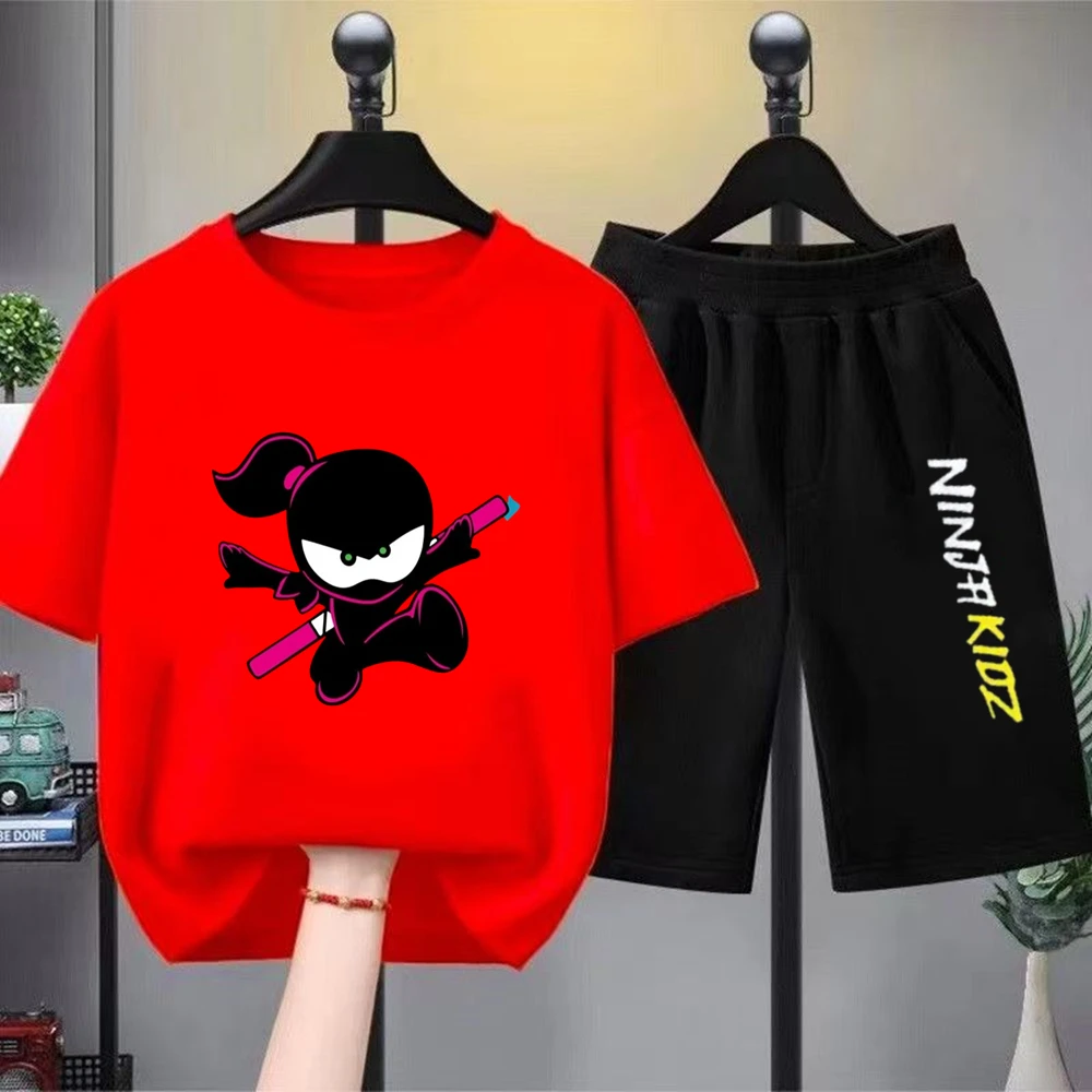 Kids Tops Summer T-Shirt Boy Girls Red Casual TShirt+Shorts Sets Ninja Printed Kids Outfits Teen Children's Short Sleeve
