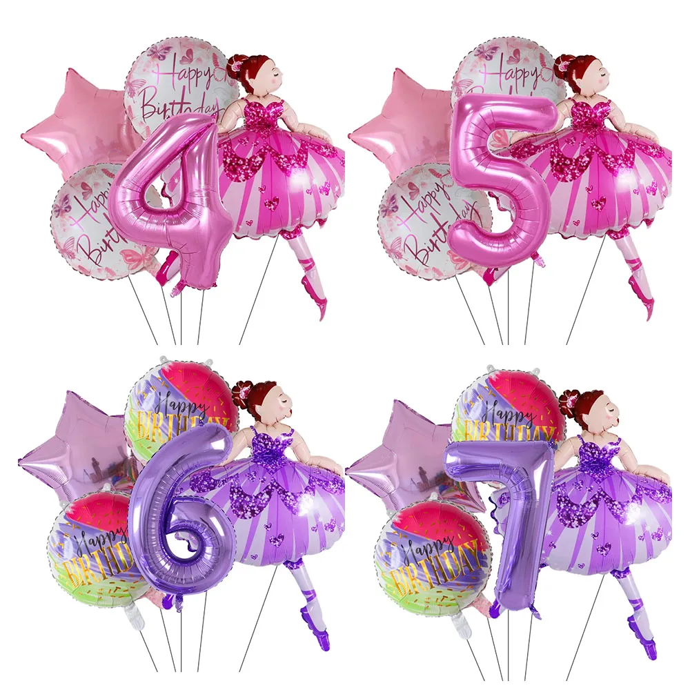 1Set Pink Purple Ballerina Ballet Dancer Girls Foil Helium Balloons Girl's 2 3 4 5 6st Happy Birthday Party Decorations Supplies