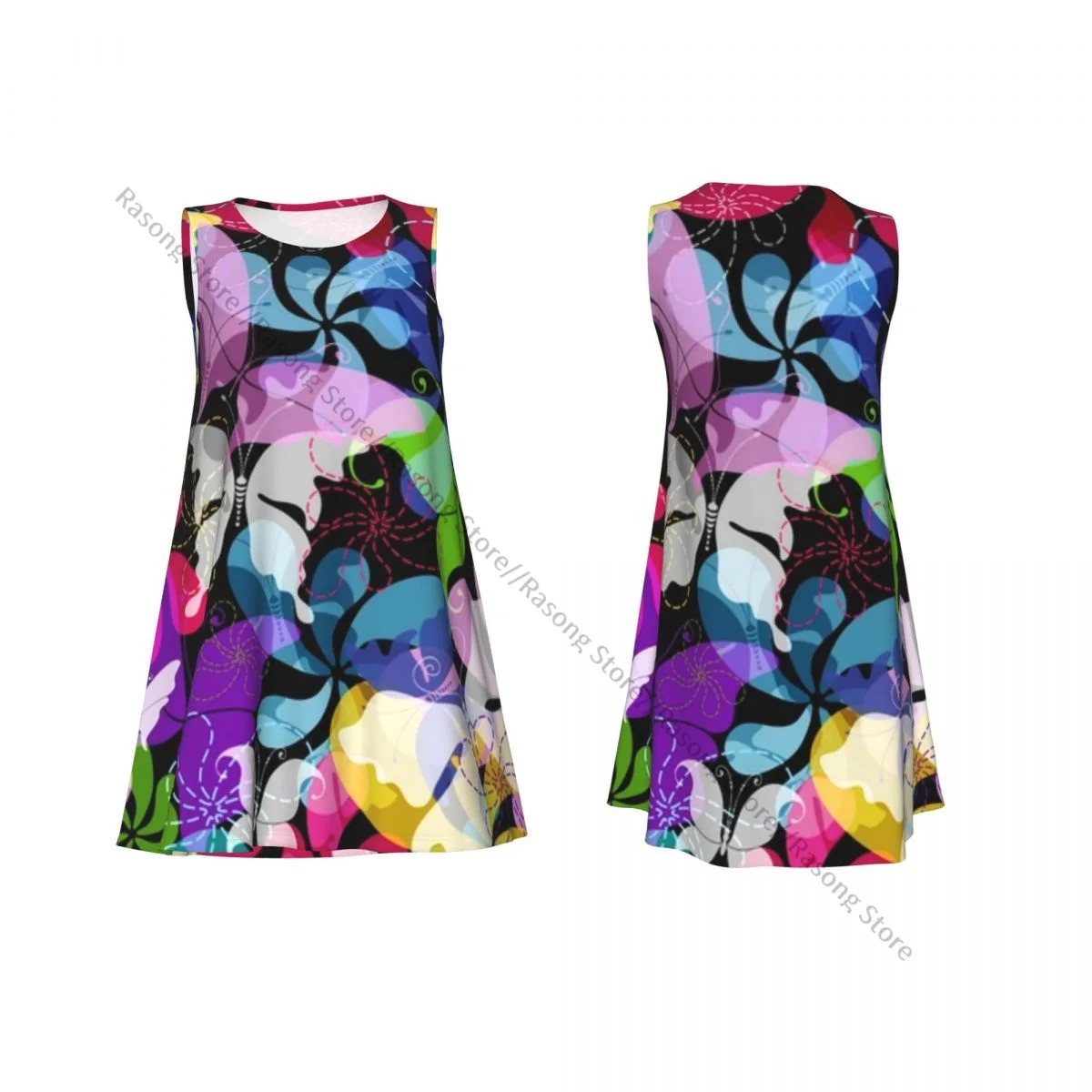 فستان نسائي مزين بالزهور والفراشات الملونة صيفي كاجوال تي شيرت لتغطية الشاطئ فستان بدون أكمام