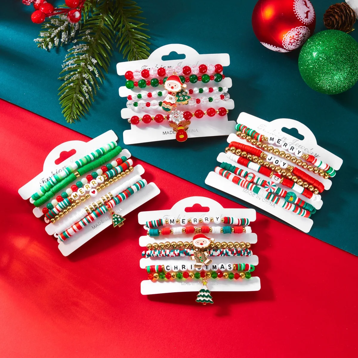 Christmas Bracelet Xmas Tree Heart Santa Claus Reindeer Snowflake Gingerbread Soft Clay Crystal Multi-Bead Bangle For Women Men