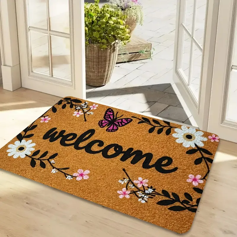 Welcome Floral Butterfly Border Art Doormat Entry Classic Rug Anti Slip Floor Mat For Rustic Farmhouse Front Porch Entry Decor