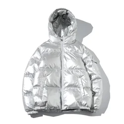 Mens White Shiny Hooded Coat Thick Plus Size Short Cotton Puffy Silver Reflective Coat Male Winter Parka Boys Quilted Jacket 4xl