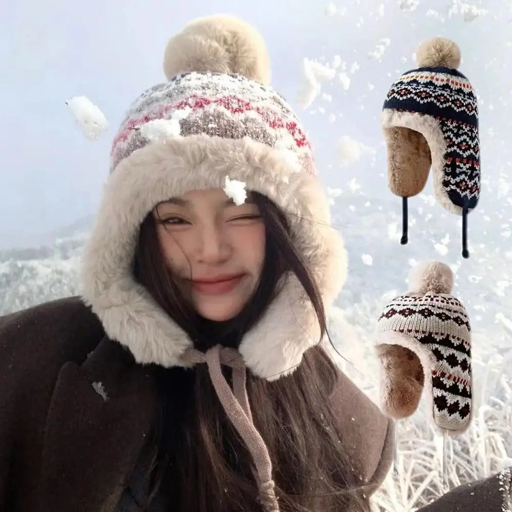 Hot Ethnic Jacquard Soft Striped Spliced Knitted Hat Coldproof Thickened Fluffy Fleece Earflap Hat Skiing Hiking Outdoor Caps