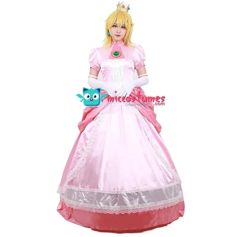 Miccostume adult peach cosplay costume women Princess cosplay costume pink dress gloves earrings Crown Petticoat