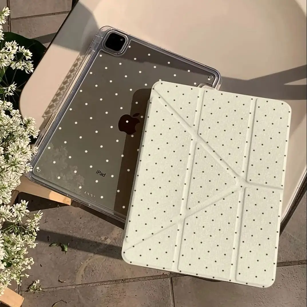 Cute Simple Yellow Polka Dot Y-Fold Tablet Case For iPad Pro 11 12.9 13 A16 M2 M4 M3 M5 5/6/7/8/9/10/11th Mini Air 3 4 5 6 Cover