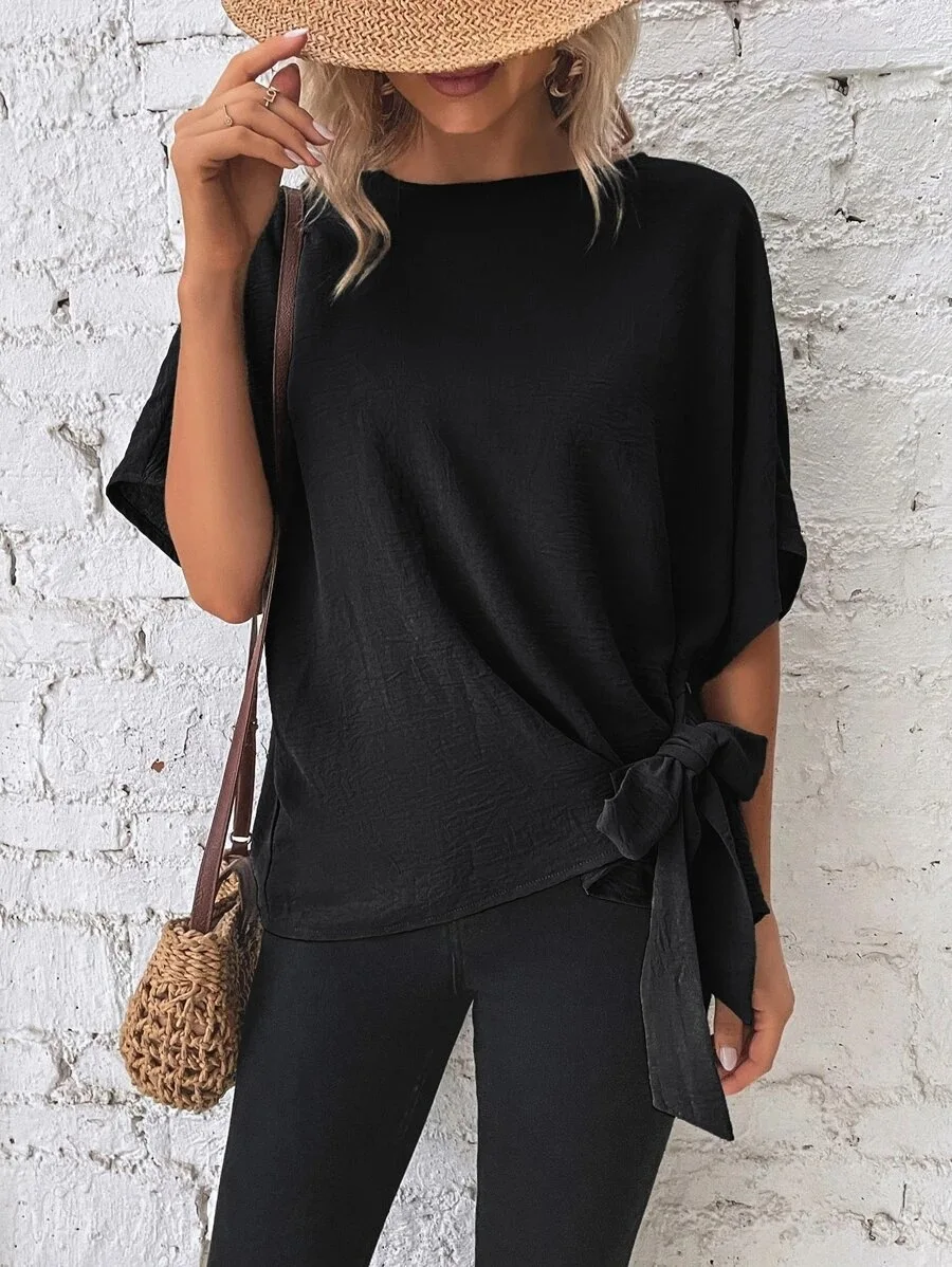 Loose Bat Sleeved T-Shirt Women Round Neck Tie Tops Female Casual Summer Blouses