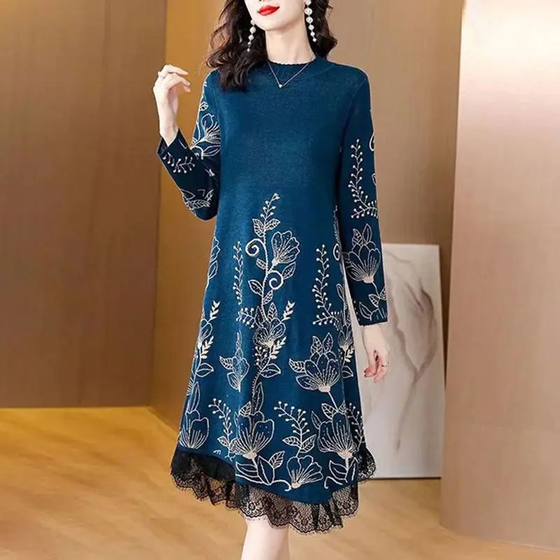 Autumn Winter Women\'s Korean Fashion Print Lace Patchwork Elegant Knitted Dresses Ladies Long Sleeve Loose Irregular Midi Dress