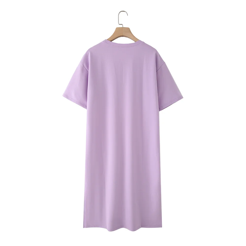 ชุดเดรสเสื้อยืดทรงเอผ้าฝ้ายแขนสั้นคอกลมดีไซน์ผ่าข้างสำหรับผู้หญิงคอลเลคชั่นฤดูใบไม้ร่วง