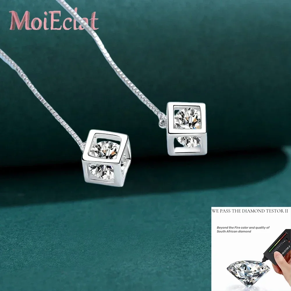 Love Cube Ear Threads line, PT950 Platinum, Women Drop Earrings, 1/2CT Moissanite Diamond, Birthday Gift Girl Valentine's Day