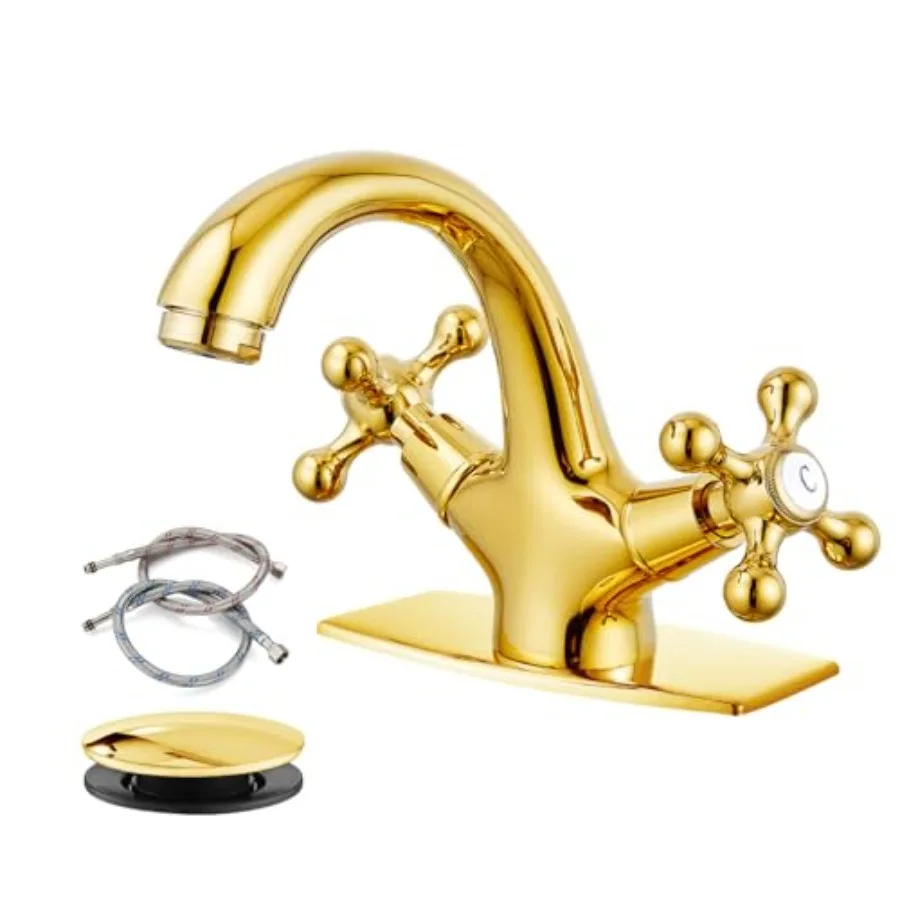 

Bathroom Sink Faucet Single Hole Double Cross Handle Knobs Lavatory Vessel Sink Mixer Tap with Pop up Drain and Deck Cover Plat
