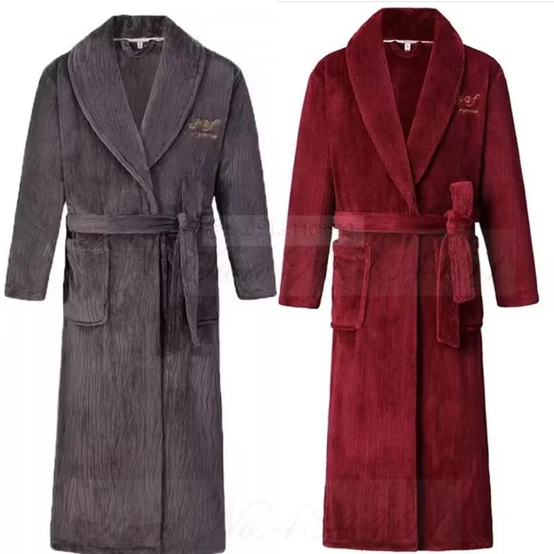 Winter Nightwear Kimono Bathrobe Gown PLUS SIZE Thick Flannel Long Robe Couple Sleepwear Home Clothes Coral Fleece Loungewear