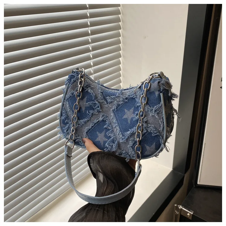 Damen-Tragetasche mit Sternmuster, blauem Distressed-Design, goldfarbene Hardware, stilvolle Handtasche, Umhängetasche für den täglichen Gebrauch – Detail 8