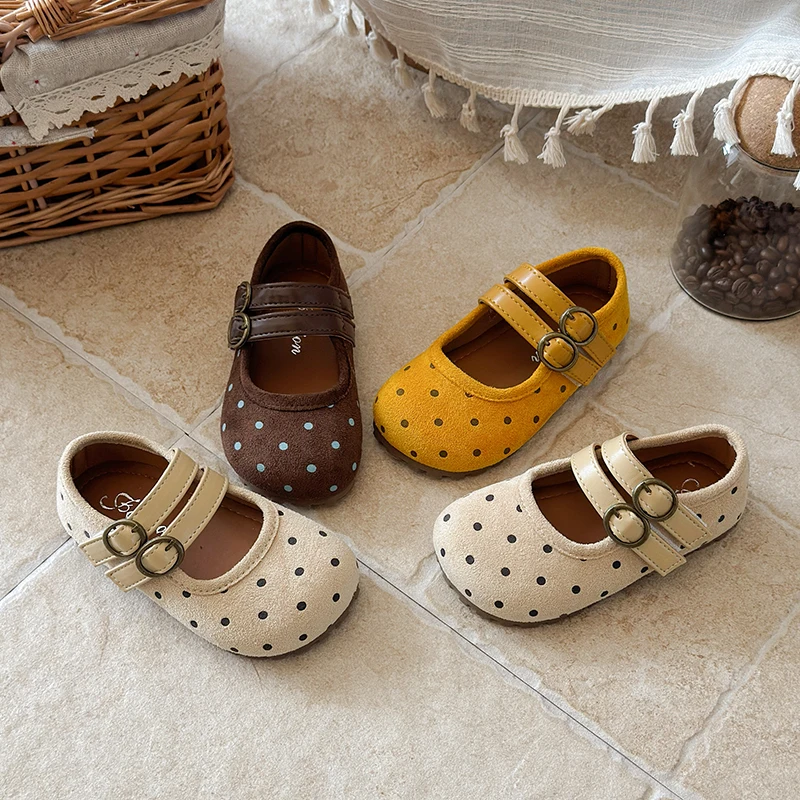 

Girls Polka Dot Mary Jane Shoes Soft Sole Suede Kids Flats Princess Shoes Non-slip Chidlren Casual Dress Shoes Anti-slippery