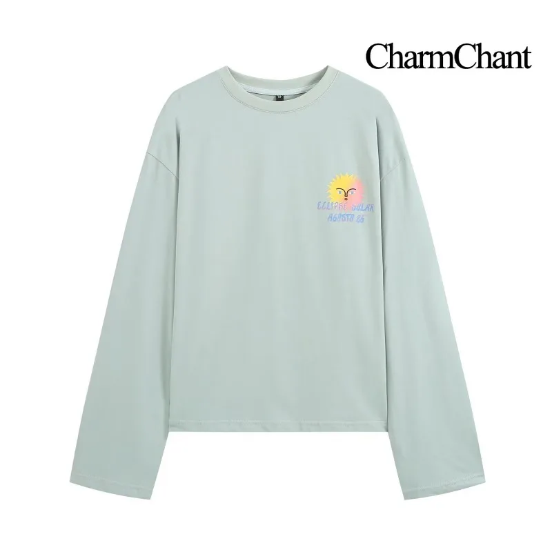 CHARMCHANT Women's Crew Neck Long Sleeve T‑Shirt Sun Moon Back Print Cropped Loose Tee For Daily Wear Streetwear Autumn 2026
