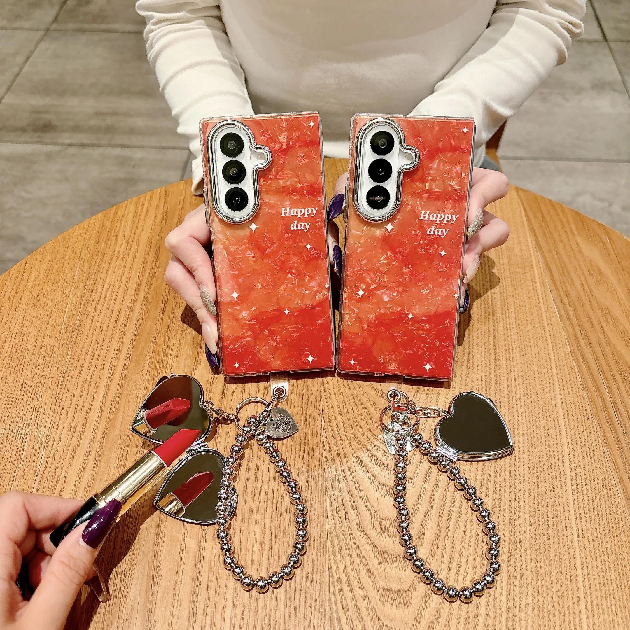 

Back Cover For Samsung Galaxy Z Fold 7 6 Case IMD Shell Orange Star Mirror Wristband Bracelet Chain Shockproof Phone Case