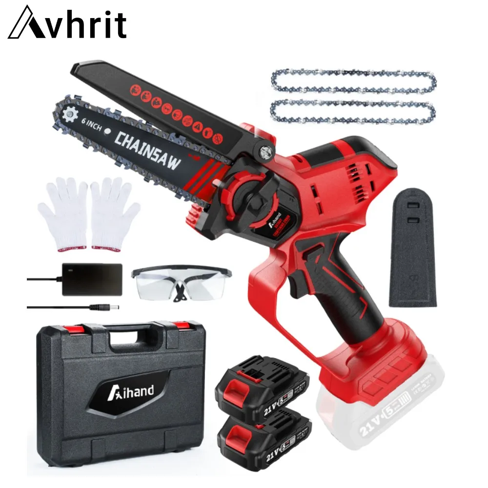 Avhrit Chainsaw Cordless 6 inch Mini Electric Chain Saw WoodWorking Pruning 2PCS 21V 2000mAh Rechargeable Batteries Cutting Tool