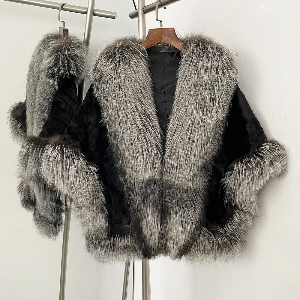 

OFTBUY Mink Fur Coat Cape Female New Winter Thickened Warm Clothes Women Real Fox Fur jacket Sleeveless Shawl Jacket Outerwear