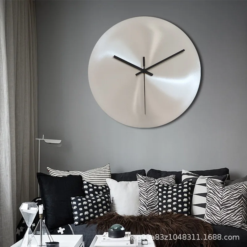 Round Silvery Silent Wall Clocks Industry Numberless Living Room Wall Watch Stainless Steel Panel Modern Simple Home Decor