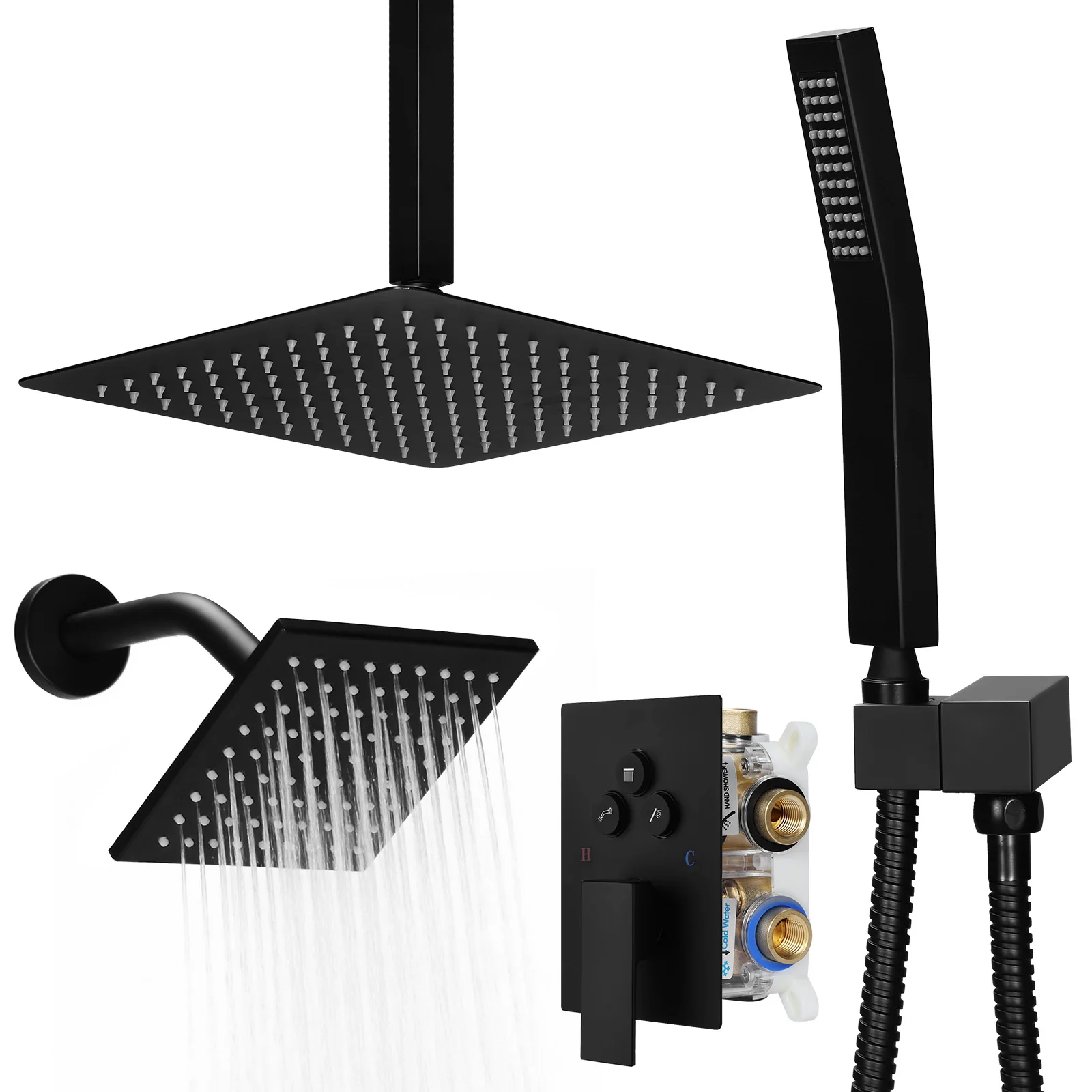 

Shower System Set W/ 12in Ceiling Mount 6in Wall Mount Showers Head Push Button Diverter with 2 in 1 Handheld for Bathroom