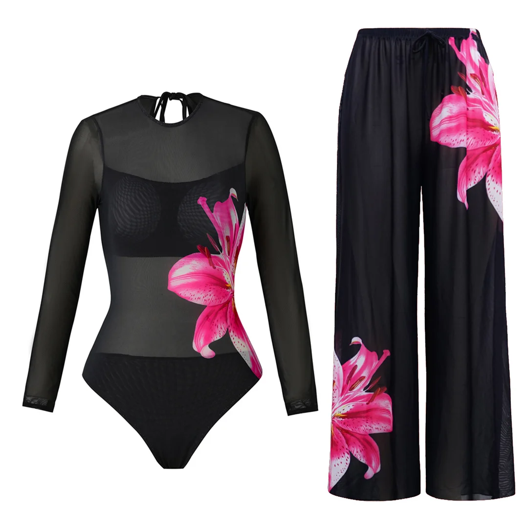 S - XL Neuer, mit Blumenmuster bedruckter, langärmliger Badeanzug mit Hose, einteiliger Badeanzug für Damen, Badebekleidung, Badeanzug, Modell V7099. – Detail 10