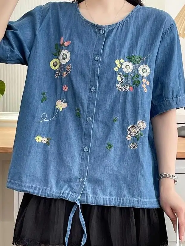 

Floral Embroidered Denim Shirt Women Casual Loose Fit Short Sleeve Round Neck Blouse