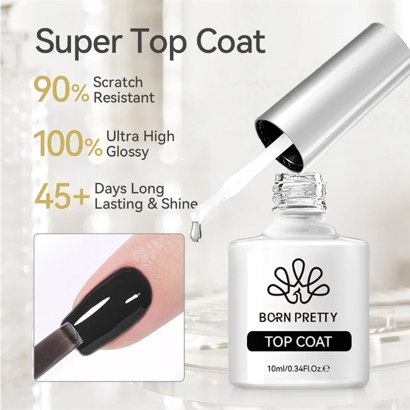 BORN PRETTY 10ml Super Top Coat Stain Resistant Gel Top Coat No Wipe Clear for Gel Nail Polish High Gloss Varnish for UV Gel