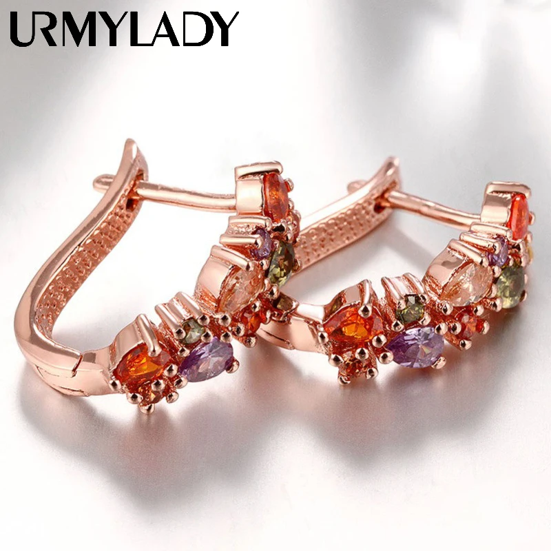 

URMYLADY 925 Sterling Silver Colorful Zircon Earclip for Women Wedding Party 18K Rose Gold Plated Earrings Fashion Jewelry Gifts