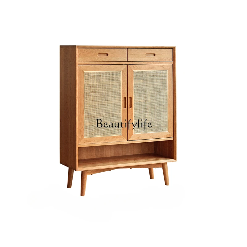 

Nordic Solid Wood Rattan Shoe Cabinet Cherrywood Living Room Storage Storage Partition Entrance Cabinet