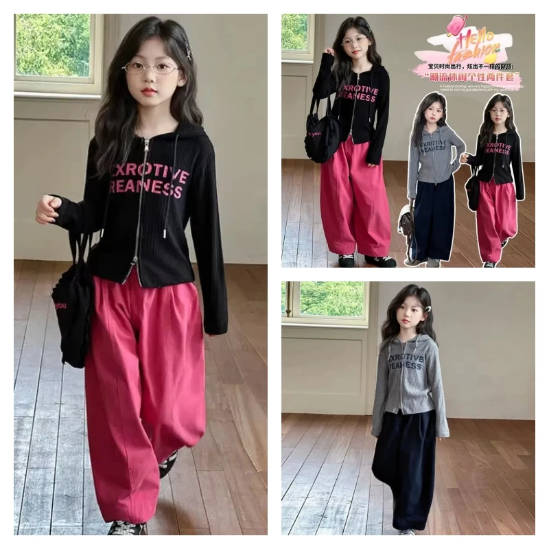 

Лидер продаж, модный спортивный костюм для девочек, комплект со штанами, студенческий весенне-осенний повседневный топ с капюшоном, длинные штаны, комплект из 2 предметов, детская одежда