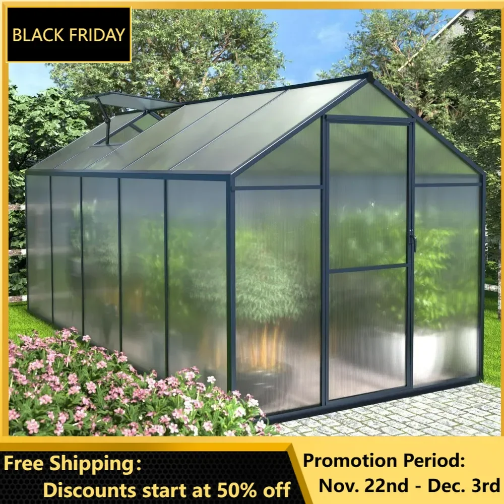 6x10ft Greenhouse Kit with Aluminum Frame, Walk-in Garden Green House with Sliding Lockable Door & Adjustable Roof Vent