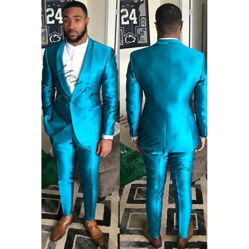 

Costume Homme Men's Suits Bright Blue Satin One Button Wedding Tuxedos Party Jacket Coat + Pants Prom Tailored Made Male Suit