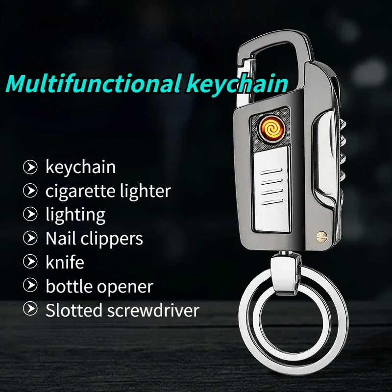 2024 Hot-selling Men\'s Portable Metal Multi-functional Keychain Personalized Creative Cigarette Lighter USB Rechargeable Lighter