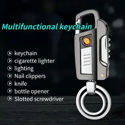 2024 Hot-selling Men's Portable Metal Multi-functional Keychain Personalized Creative Cigarette Lighter USB Rechargeable Lighter