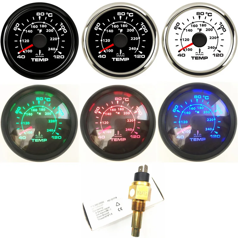 52mm Pointer Water Temperature Gauges 40-120℃ Instrument 287.4-22.4ohm M14x1.5 M16x1.5 NPT3/8 Water Temp Sensors for Auto Boat