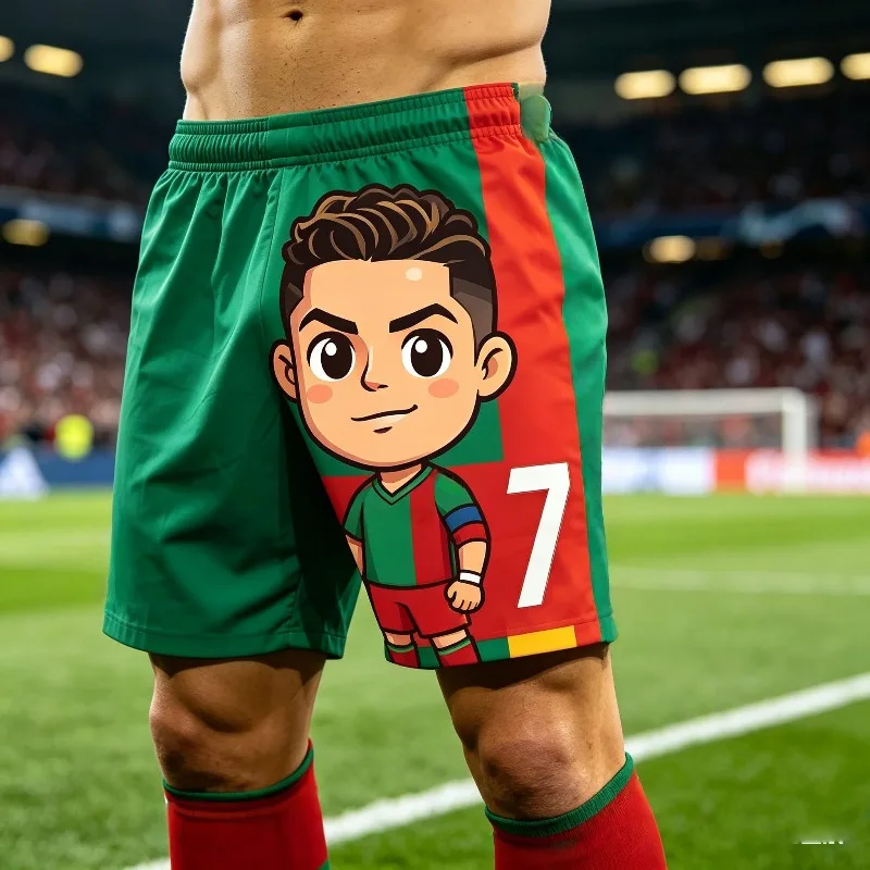 Summer Cute # 7 Ronaldo Q Edition Image Red Green Football Shorts for Adults and Children Leisure Sports Daily Exercise Shorts