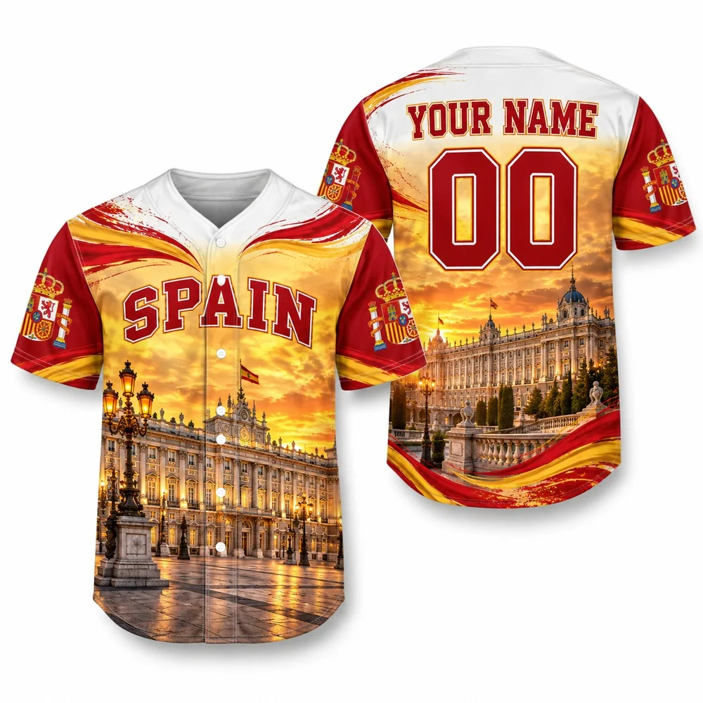 Spain Red Gold Baseball Jersey with Palace and Coastal Art All Over Print Original Jerseys Shirt for Mens Graphic Shirts
