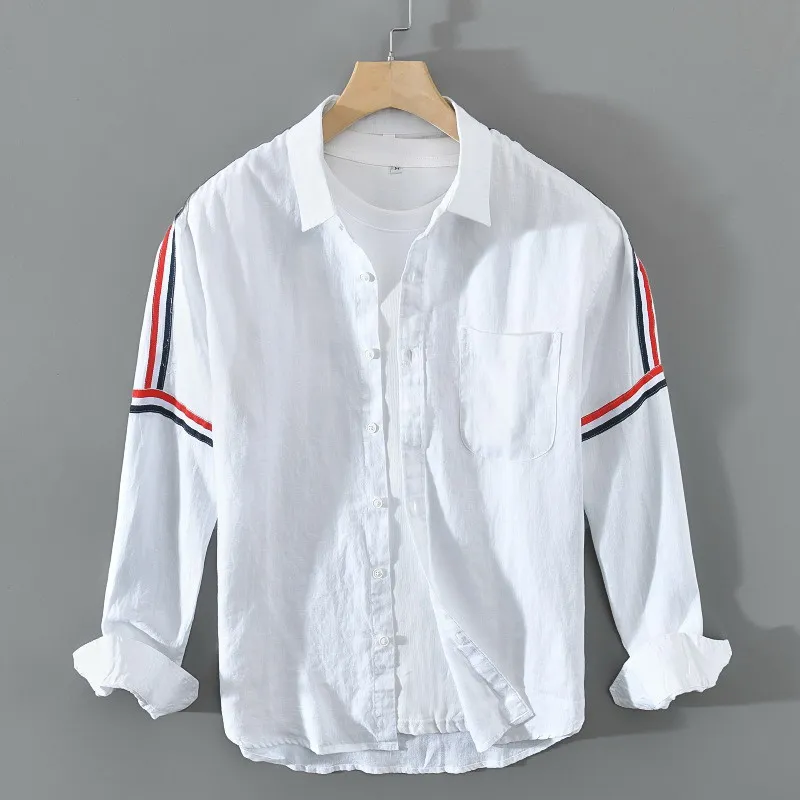 100% Linen Luxury Men\'s Clothing Shirts Japanese Korean Popular Clothes Stripe Loose Handsome Casual Tops