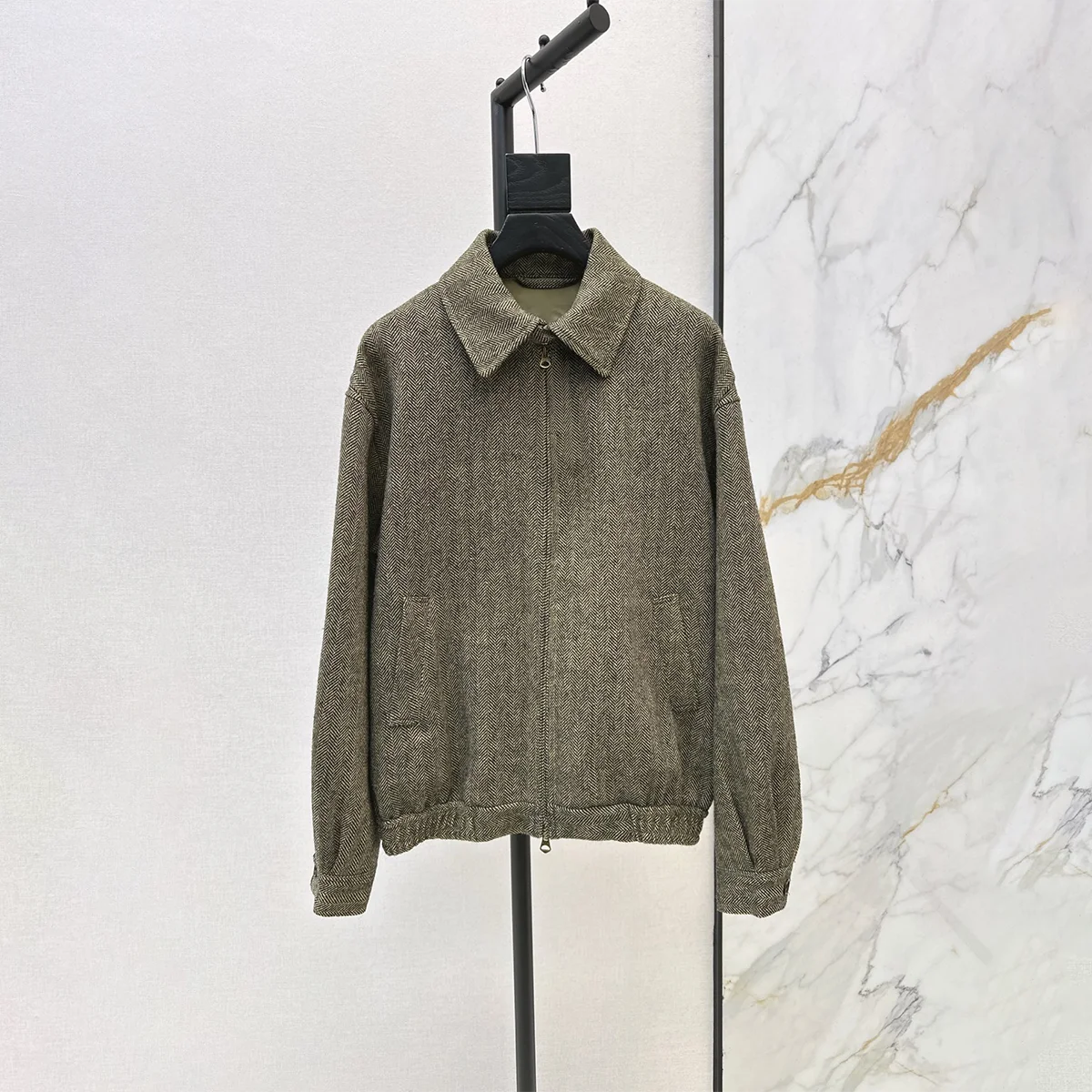 2026 high-quality women's retro woolen herringbone wool jacket with herringbone pattern