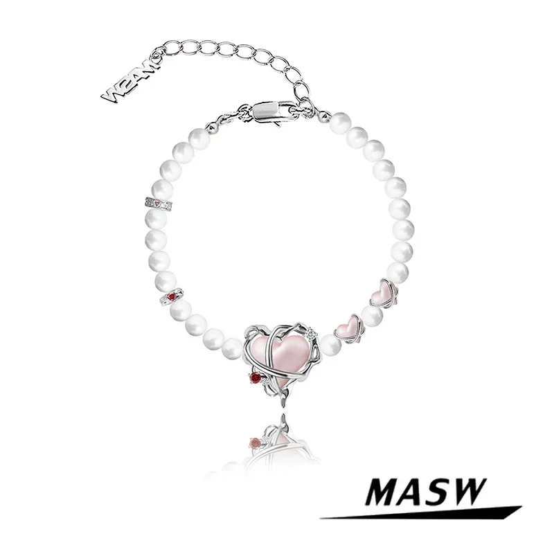 MASW Original Design Pink Heart Bracelet Senior Sense Valentine`s Day Gift High Quality Copper Pearl Bracelet For Women Jewelry