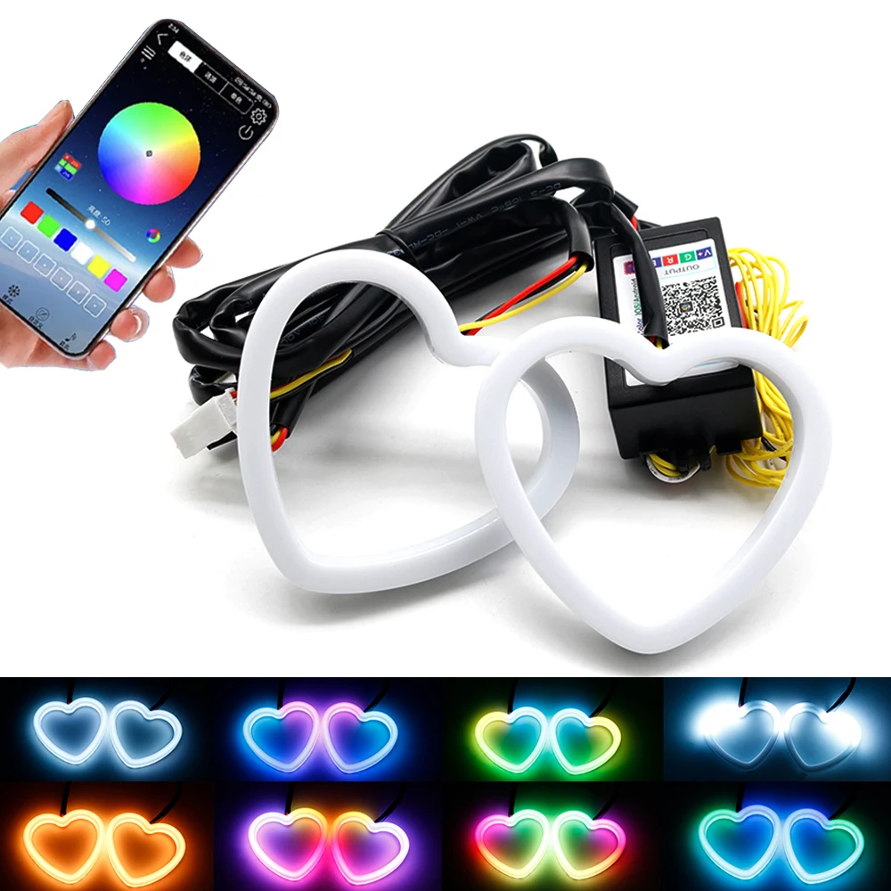 

1set Car Angel Eyes RGB Cotton Halo Rings Led Headlight DRL Motorcycle Moto Angel Eye Heart Shaped with Amber Turning Light 12V