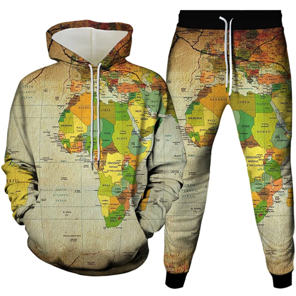 

Retro World Map African European Asian Ocean Print Men Clothes Tracksuit Hoodies Sweatpants 2Pieces Costume Homme Set Size S-6XL